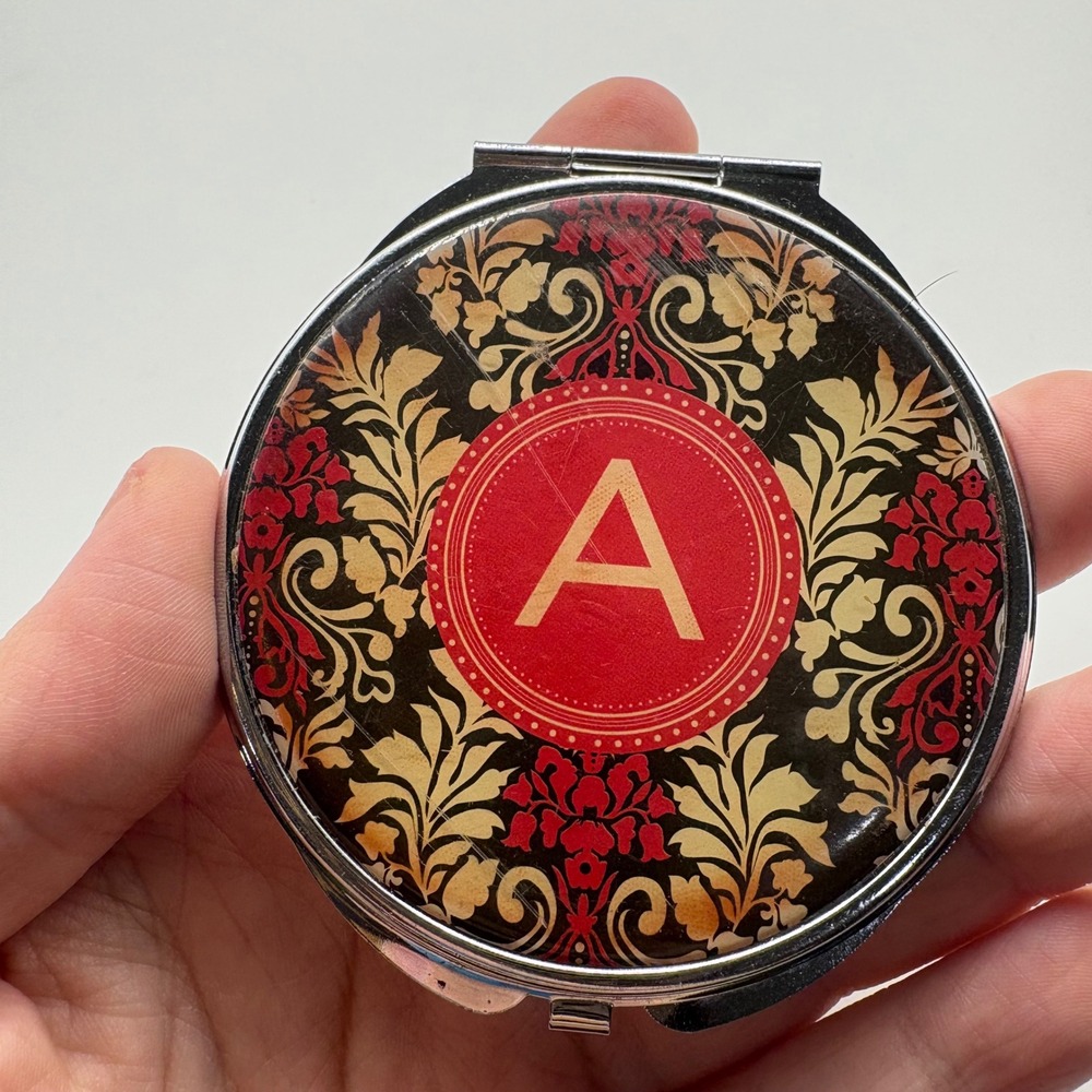 Vintage Style Monogram Initial A Compact Mirror Red Gold Damask Floral Round